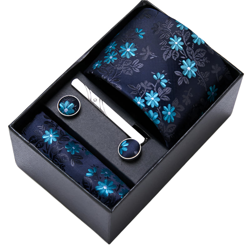 Floral tie set with tie clip and cufflinks in a black box