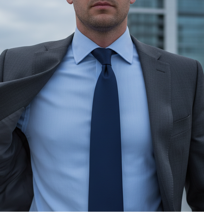 Professional tie with perfect knot staying in place while clothing blows in wind