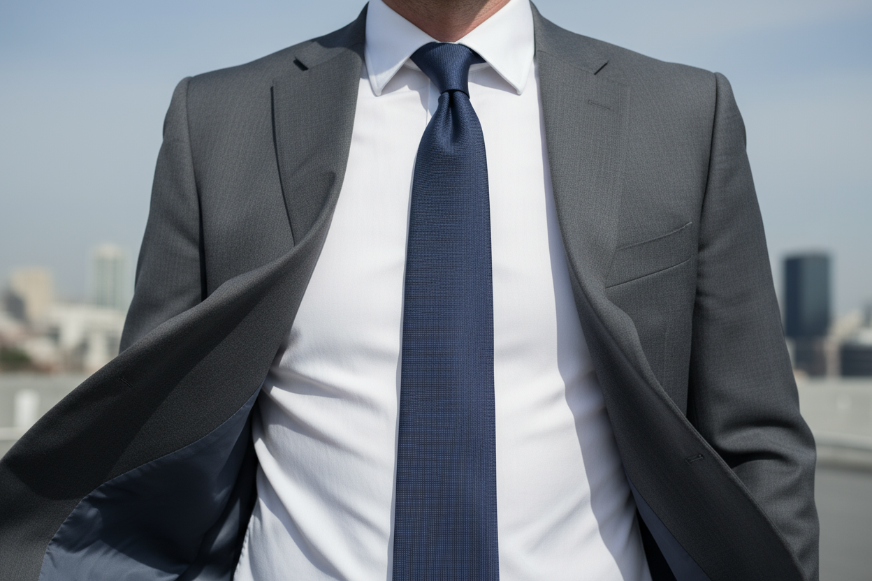 Clean torso shot with tie staying in place while clothing blows in wind